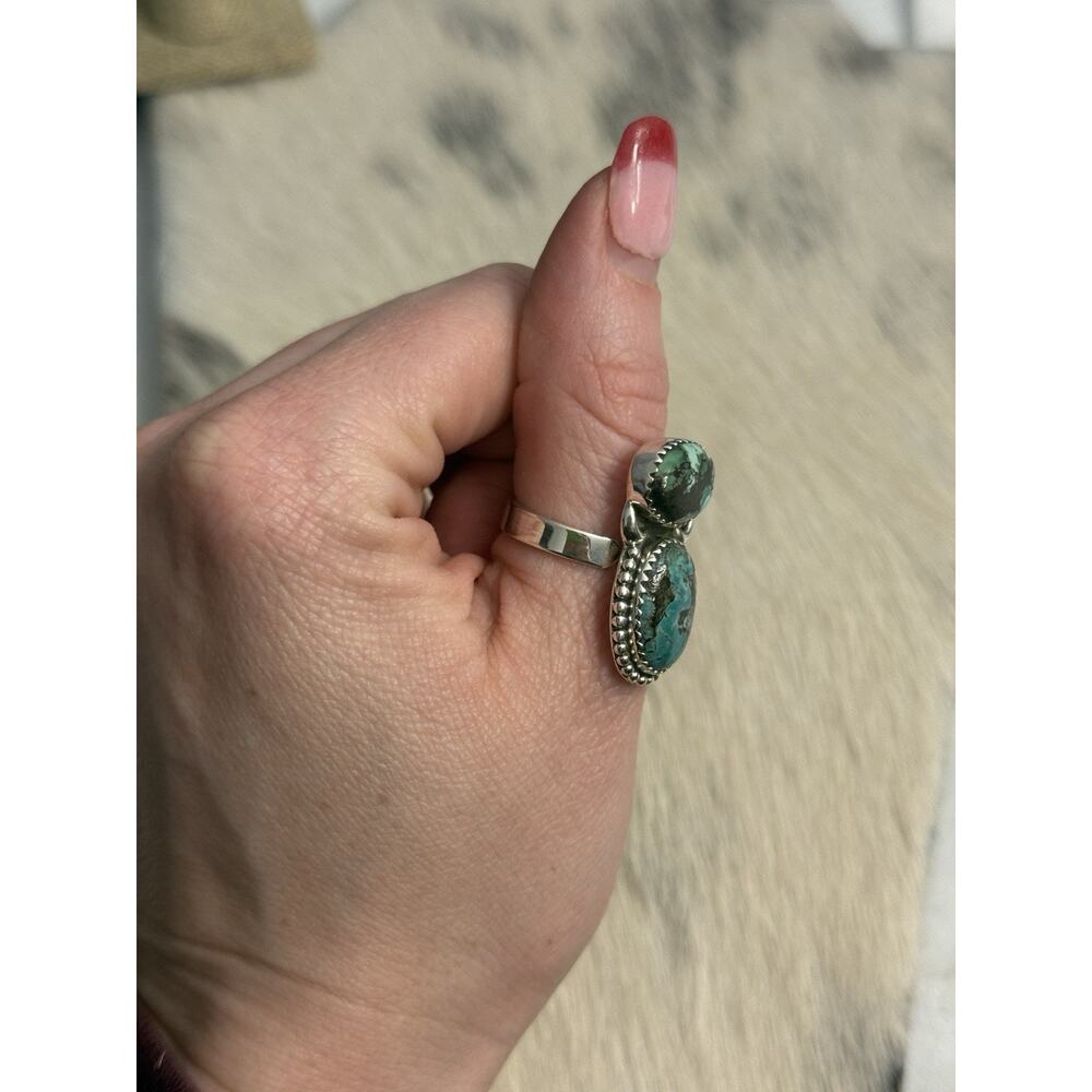 Sterling Silver Blue Hubei Turquoise Double Stone Adjustable Ring Sawtooth 925 - Picture 4 of 14